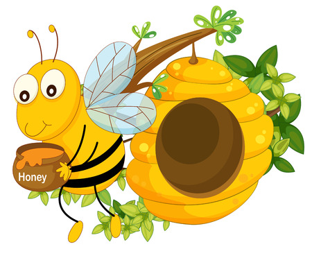 25985643-ilustracja-pszczoły-trzymając-garnek-miodu-pobliżu-ula-na-białym-tle